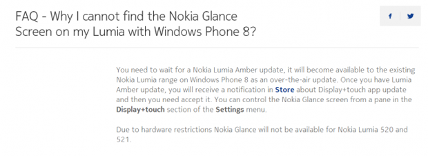 Nokia Lumia 520 and 521 To Not Support Glance Screen Feature